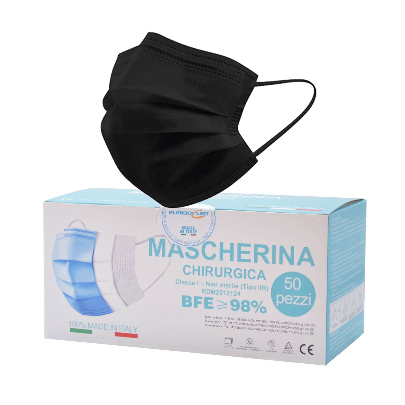 50 Mascherine chirurgiche Nere Made in Italy tipo IIR monouso a 3 strati  BFE 98% - Eureka Store