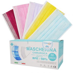 50 Mascherine chirurgiche 5 colori – Made in Italy – tipo IIR monouso a 3 strati BFE 98%