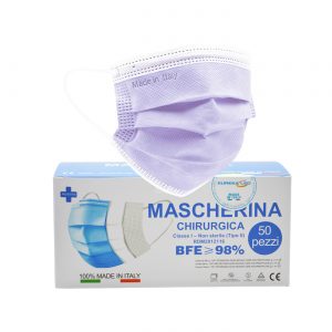 50 Mascherine chirurgiche Lilla – Made in Italy – tipo IIR monouso a 3 strati BFE 98%