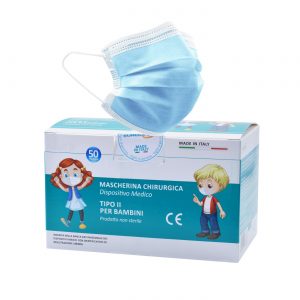 Mascherine Chirurgiche Colorate per bambini – Monouso 50pz – Made in Italy – Tipo II BFE 98% – Certificate CE (Azzurro)